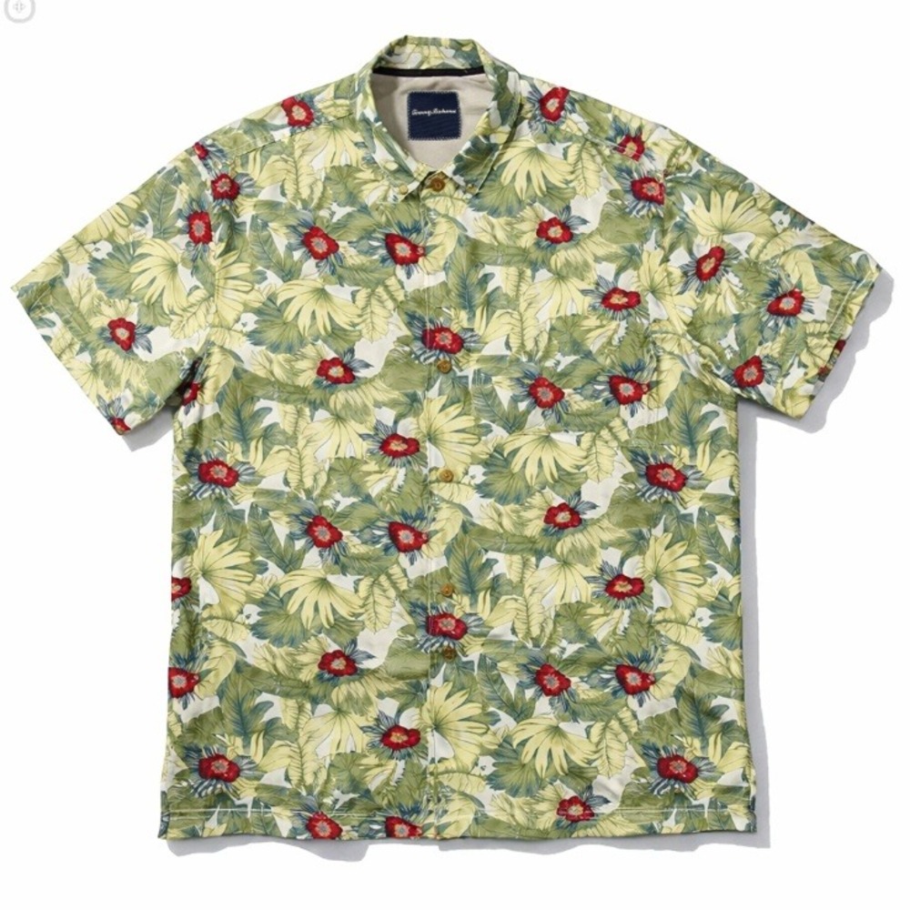 Tommy Bahama Silk Floral Hibiscus‎ Camp Distressed Button Up Shirt Mens L Hawaii